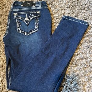 Miss Me Dark Blue Skinny Jeans with Embroidered Rhinestone Back Pocket